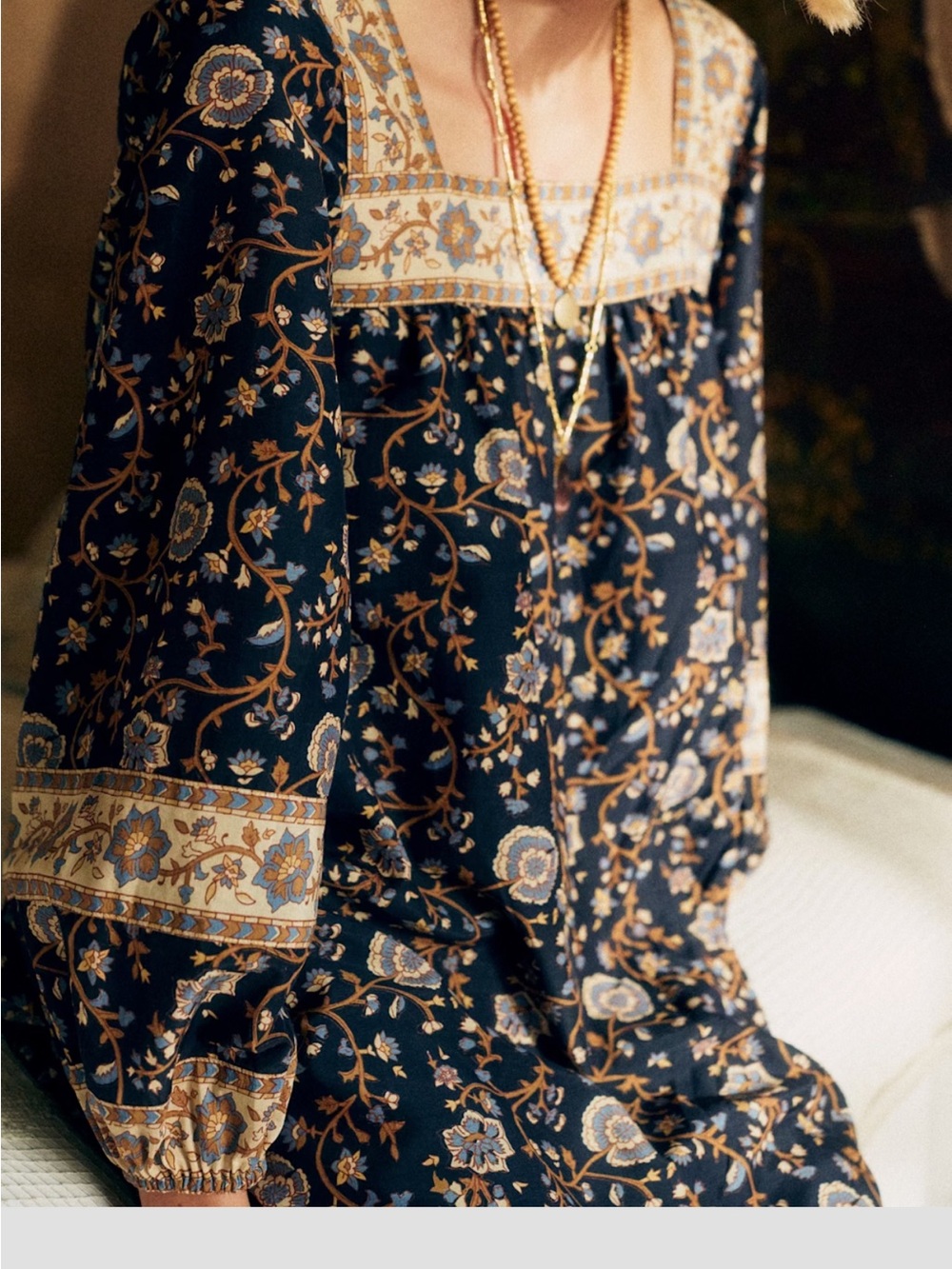 Sezane Navy and Gold Floral Midi Dress